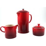 Le Creuset Cerise Cherry Stoneware French Press Coffee Maker With Matching Cream and Sugar Set