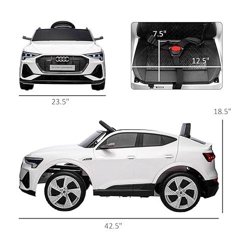  Aosom 12V Kids Electric Ride On Car, Audi E-tron, Battery Powered Toy with Parent Remote Control, Suspension System, Auxiliary Wheels, LED Lights, Music and Horn, MP3 Player, White