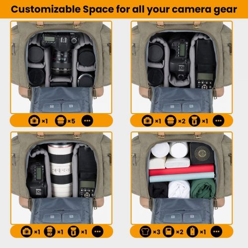  TARION Camera Bag Canvas Camera Backpack Green + Camera Strap Black for Women Men Photographer
