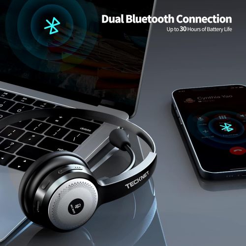  TECKNET Bluetooth 5.0 Wireless Headset with AI Noise Cancelling Microphone and Charging Base for Laptop, On Ear Bluetooth Headphone Telephone Headset for PC, Cell Phone, Skype, All