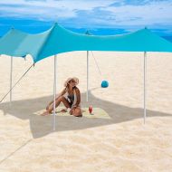 VINGLI Beach Canopy Tent Sun Shade 10x10ft with 4 Aluminum Poles and Carrying Bag, Family Beach Tent Pop Up Shade for Picnics, Camping Trips, Fishing, Bonus Sand Shovel (Blue)