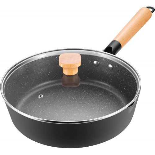  N++A Nonstick Deep Saute Pan with Lid, 9.5-inch Frying Pan Skillet with Wood Detachable Handle, Healthy Granite Stone Coating Cooking Chef Pan, Induction Compatible, Black