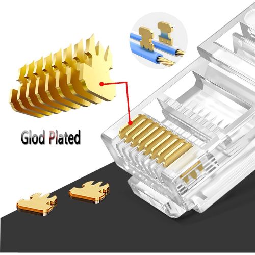  PETECHTOOL RJ45 Cat6 Cat5 Connector Ends Gold Plated 8P8C Ethernet Pass Through Plug(100Pack)