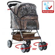 BestPet NEW Extra Wide Leopard Skin 4 Wheels Pet Dog Cat Stroller With RainCover