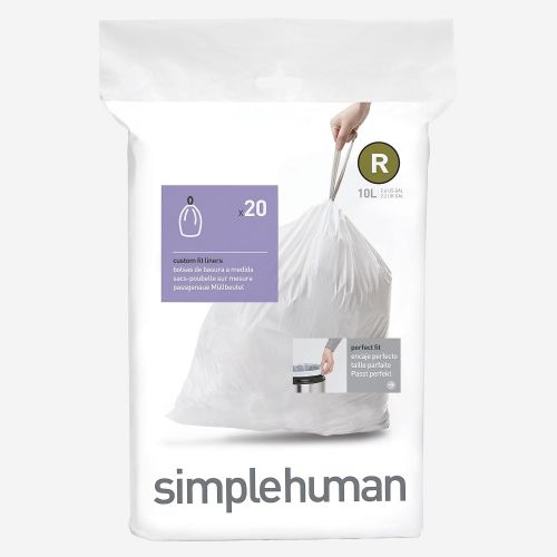 심플휴먼 simplehuman Code R Custom Fit Drawstring Trash Bags in Dispenser Packs, 10 Liter / 2.6 Gallon, White ? 20 Liners