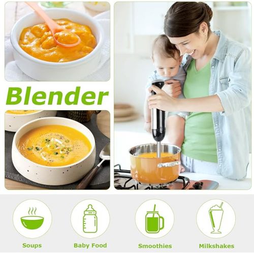  Bonsenkitchen HB3203 4-in-1 Electric Hand Blender, 1000 W Continuous Speeds, Stainless Steel, Whisk, 500 ml Chopper and 700 ml Measuring Cup for Baby Food, Black