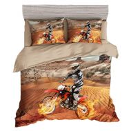 BeddingWish 3D Motorcycle Racing Printed Bedding(No Comforter and Sheet) Set for Kids Teen Boys -(3Pcs,Yellow,1 Duvet Cover+2 Pillow Shams,Full/Queen)