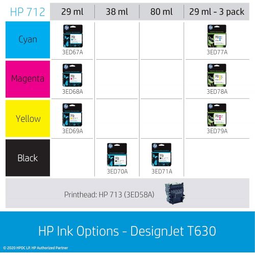 에이치피 HP DesignJet T630 Large Format Wireless Plotter Printer - 24 (5HB09A), with Multipack and High-Capacity Genuine Ink Cartridges (10 Inks) - Bundle