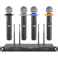 Phenyx Pro Wireless Microphone System, Quad Channel Wireless Mic, w/ 4 Handheld Microphones, 4x40 Channels, Auto Scan, Long Distance 328ft, Microphone for Singing, Church, Karaoke (PTU-7000-4H)