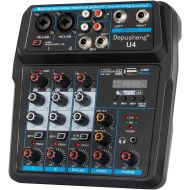 [아마존베스트]Depusheng U4 Musical Mini Mixer 4 Channels Audio Mixers Bluetooth USB Mixing Console with Sound Card Built-in 48V Phantom Power for Computer Recording, Bands