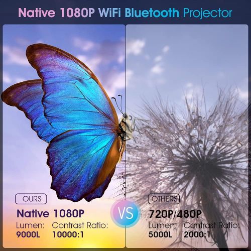  WiFi Bluetooth Projector, DBPOWER 9000L HD Native 1080P Projector, Zoom & Sleep Timer Support Outdoor Movie Projector, Home Projector Compatible w/ TV Stick, PC,DVD, Laptop/Extra B