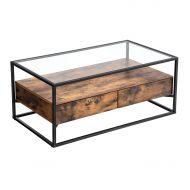 VASAGLE Industrial Coffee Table, Tempered Glass Top with 2 Drawers and Rustic Shelf, Decoration in Living Room Lounge, Stable Iron Frame ULCT31BX