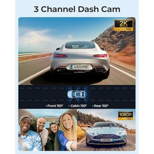  AZDOME M550 4K WiFi 3 Channel On Dash Cam, Dual Front and Rear for Car 4K+1080P Free 64GB Card, Built-in GPS 24H Parking Mode IR Night Vision WDR 3.19