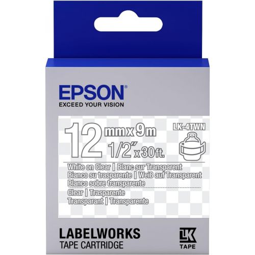 엡손 Epson LabelWorks Clear LK (Replaces LC) Tape Cartridge ~1/2 White on Clear (LK-4TWN) - for use with LabelWorks LW-300, LW-400, LW-600P and LW-700 Label Printers