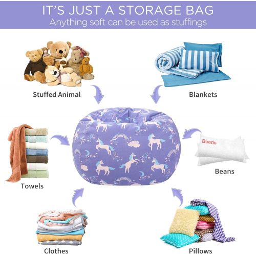  [아마존베스트]Aubliss Stuffed Animal Storage Bean Bag Chair Cover Only for Plush Toys, Blankets, Medium 32-Canvas Unicorn Blue