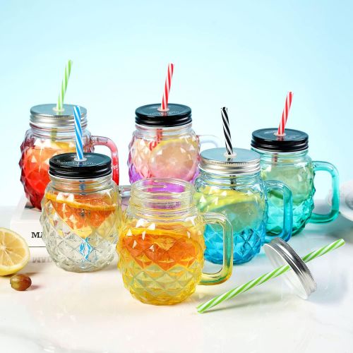  [아마존베스트]MyGift 17 oz Colorful Pineapple-Shaped Mason Jar Mug Glasses with Straws & Lids, Set of 6