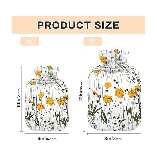  hot Water Bottle with Soft Cover 2L fashy ice Packs for Hot and Cold Compress, Hand Feet Meadow Yellow Flowers Pattern