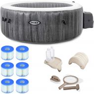 Intex 28439E Greywood Deluxe 4 Person Inflatable Spa/Hot Tub w/ LED Light & 3 Pack Type S1 Pool Filter Cartridges w/ Attachable Cup Holder and Refreshment Tray & Inflatable Headres