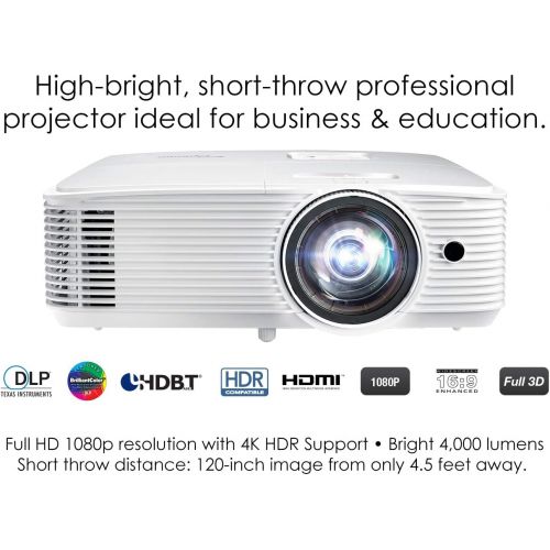  Optoma EH412ST Short Throw 1080P HDR Professional Projector | Super Bright 4000 Lumens | Business Presentations, Classrooms, or Meeting Rooms | 15,000 hour lamp life | Speaker Buil
