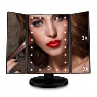 AHD Led Makeup Mirror Black 21 Led Lights Table Countertop Cosmetic Mirror 2X/3X Magnifying Bathroom Mirror,Touch Screen,90°Rotation,Trifold Mirror