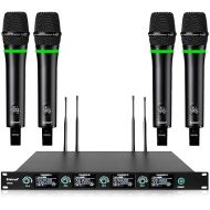 Bietrun 4-Channel Wireless Microphones System with 4 Rechargeable Handheld Mics, UHF Metal Dynamic Cordless Mics for Karaoke, Singing, Church, Family Theater(Auto Connect/295FT Range/Fixed Frequency)