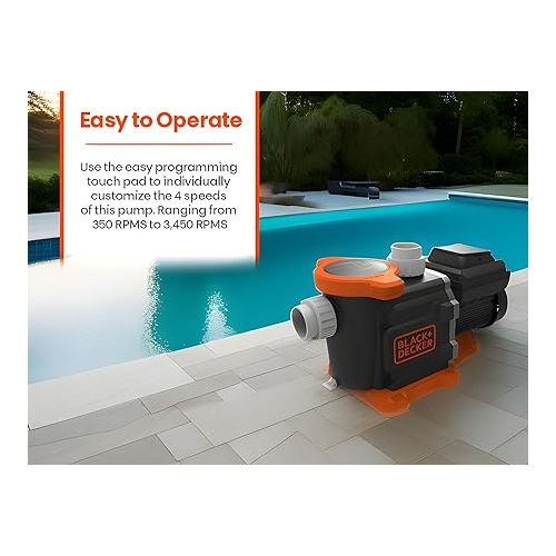  BLACK+DECKER Variable Speed Pool Pump Inground with Filter Basket and Easy Programmable Touch Pad Interface, 1.5 HP