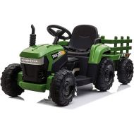 TOBBI 12v Battery-Powered Toy Tractor with Trailer and 35W Dual Motors,3-Gear-Shift Ground Loader Ride On with LED Lights and USB&Bluetooth Audio Functions in Dark Green
