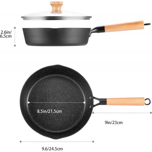  N++A Nonstick Deep Saute Pan with Lid, 9.5-inch Frying Pan Skillet with Wood Detachable Handle, Healthy Granite Stone Coating Cooking Chef Pan, Induction Compatible, Black