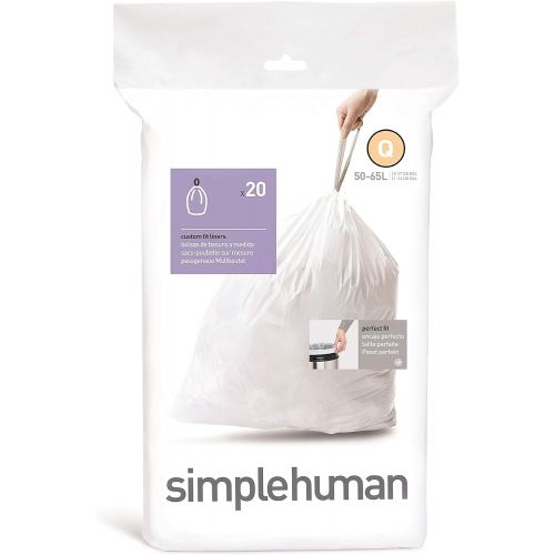 심플휴먼 simplehuman Code Q Custom Fit Drawstring Trash Bags 50-65 Liter / 13-17 Gallon, White, 20 Count