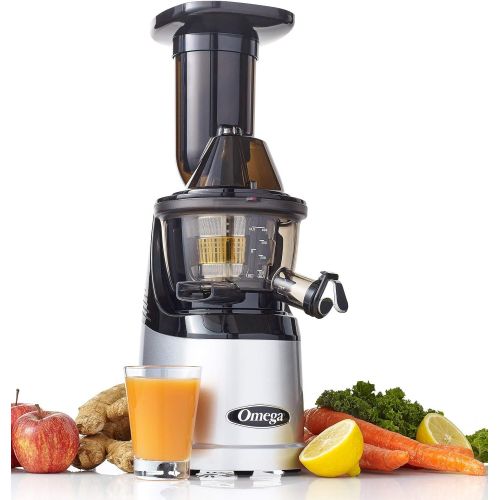  Omega MegaMouth Vertical Low Speed Quiet Juicer with Smart Cap Spout Tap, 240-Watt, Silver