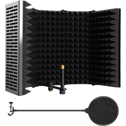  Microphone Isolation Shield, AGPTEK 5 Foldable Absorbing Foam Reflector Folding Panel, with Mic Pop Filter, Flexible & Durable, for Any Condenser Microphone Recording Equipment（5 F