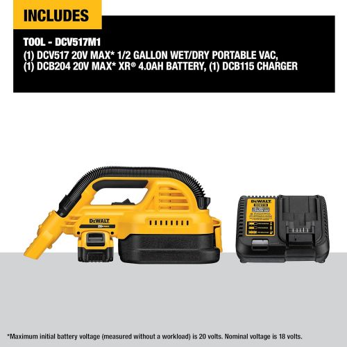  [아마존베스트]DEWALT 20V MAX Cordless Vacuum Kit, Wet/Dry, Portable, 1/2-Gallon (DCV517M1)