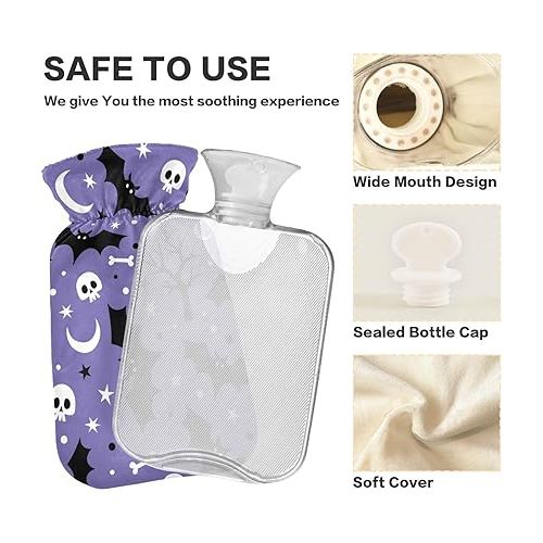  hot Water with Soft Cover 2 L fashy ice Pack for Hot and Cold Compress, Hand Feet Skull Bats Moon Star