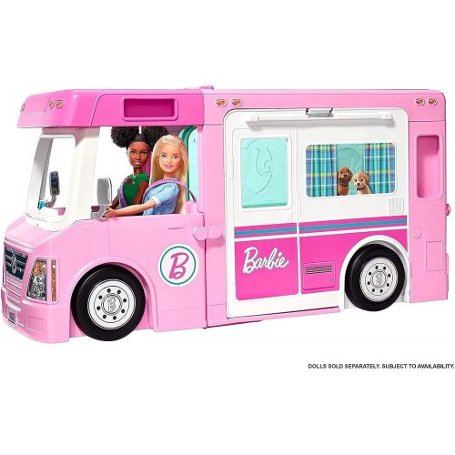바비 ?Barbie 3-in-1 DreamCamper Vehicle, approx. 3-ft, Transforming Camper with Pool, Truck, Boat and 50 Accessories, Makes a Great Gift for 3 to 7 Year Olds