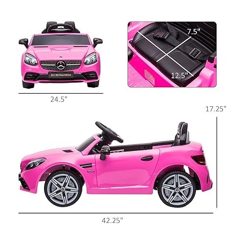  Aosom Mercedes SLC 300 Licensed Kids Electric Car with Remote Control, 12V Battery Powered Kids Ride on Car with Music, Lights, Suspension for 3-6 Years Old, Pink
