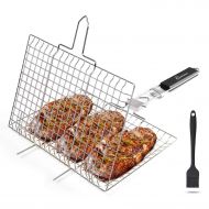 WolfWise Stainless Steel Portable BBQ Grilling Basket for Fish Vegetable Steak Shrimp with an Additional Basting Brush