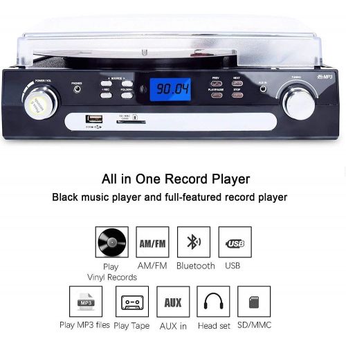  [아마존베스트]DIGITNOW Bluetooth Record Player with Stereo Speakers, Turntable for Vinyl to MP3 with Cassette Play, AM/FM Radio, Remote Control, USB/SD Encoding, 3.5mm Music Output Jack
