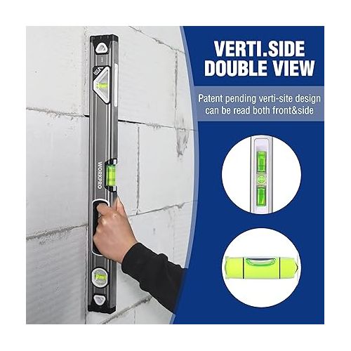  WORKPRO 24 Inch Spirit Level, Bubble Level with Double View Vertical Site, Leveler Tool With 3 Bubble, Aluminum Body, Hand, Shock Absorbing End Caps