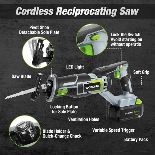  [아마존베스트]WORKPRO Cordless Reciprocating Saw, 20V 4.0Ah Battery, 1-inch Stroke Length, 4 Saw Blades for Wood & Metal Cutting Included