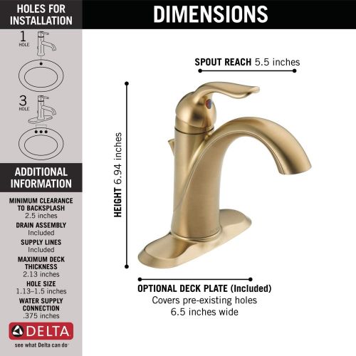  Delta Faucet Lahara Single Hole Bathroom Faucet, Gold Bathroom Faucet, Single Handle, Diamond Seal Technology, Metal Drain Assembly, Champagne Bronze 538-CZMPU-DST