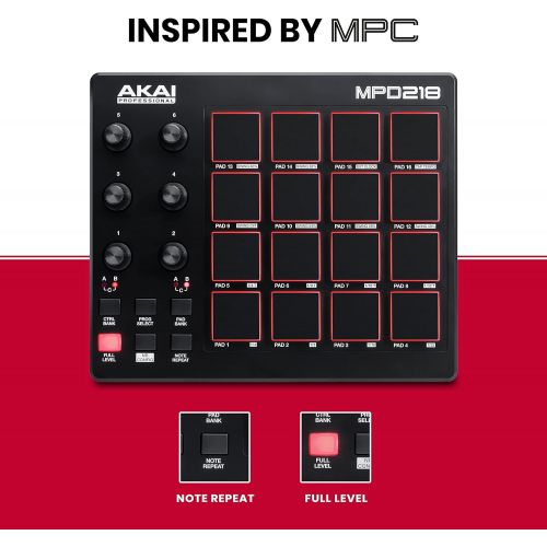  AKAI Professional MPD218 | 16-Pad USB/MIDI Controller With MPC Pads, 6 Assignable Knobs, Production Software Included