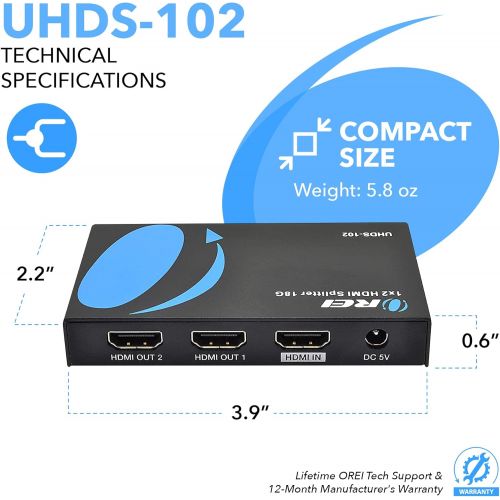  [아마존베스트]4K 1 x 2 HDMI Splitter by OREI, UltraHD 1 in 2 Out 2 Port 4K@60hz 4:4:4 8-bit - HDMI 2.0, HDCP 2.2, 18 Gbps - Supports 3D - Duplicate/Mirror Screens - UHDS-102