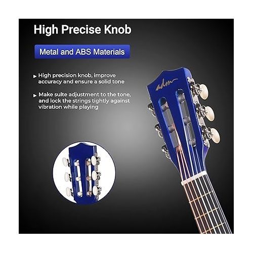  ADM Beginner Acoustic Classical Guitar 30 Inch Nylon Strings Wooden Guitar Bundle Kit for Kid Boy Girl Student Youth Guitarra Free Online Lessons with Gig Bag, Strap, Tuner, Extra Strings, Picks,Blue
