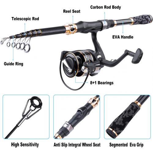  PLUSINNO Fishing Pole Fishing Rod and Reel Combos Carbon Fiber Telescopic Fishing Rod with Reel Combo Sea Saltwater Freshwater Kit