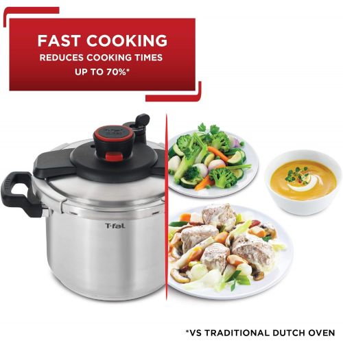  T-fal P45007 Clipso Stainless Steel Dishwasher Safe PTFE PFOA and Cadmium Free 12-PSI Pressure Cooker Cookware, 6.3-Quart, Silver