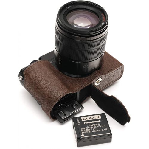  Lumix DC-GX9 Camera Case, BolinUS Handmade Genuine Real Leather Half Camera Case Bag Cover for Panasonic Lumix DC-GX9 GX9 Camera Bottom Opening Version + Hand Strap -Coffee