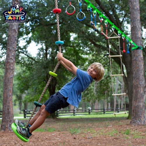  [아마존베스트]Jump Tastic Trampoline JumpTastic Ninja Warrior Obstacle Course for Kids, 50ft Ninja Slackline Include Climbing Rope, Rope Ladder, Nylon Rope Knots, Monkey Bar, Gym Rings