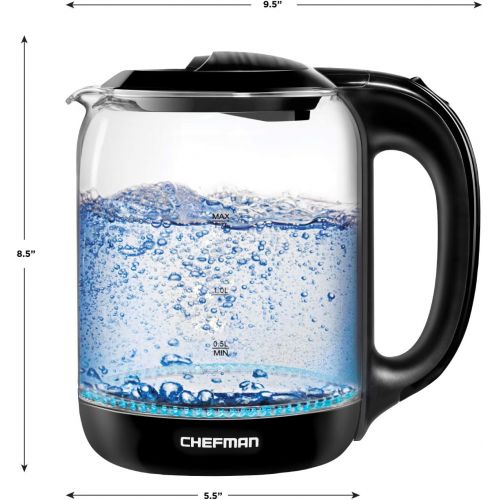  Chefman 1.7 Liter Electric Glass Tea Kettle, Fast Hot Water Boiler, One Touch Operation, Boils 7 Cups, Swivel Base & Cordless Pouring, Auto Shut-Off