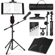 Music Stand, Vangoa Folding Sheet Music Stand with Detachable Microphone Stand & Phone Holder, Portable Lightweight with Music Sheet Clip Holder & Carrying Bag for Instrumental Performance