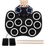 Veetop 9 Pads Electronic Drum Set Roll up LED Lights Pratice Drum,Bluetooth,MIDI,Built-in Speaker,Long Hours Playtime Portable Drum,Birthday Festival Gift for Kids and Beginners